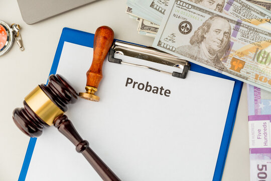 Legal probate statement. Money and lawyer attributes at the desk