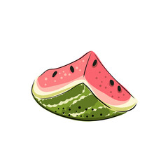 Slice striped and red watermelon with black seeds, sketch style, vector illustration isolated on white background. Realistic hand drawing of cut ripe big berry.