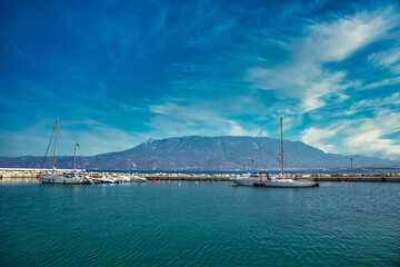 Fototapeta na wymiar Port of Corinth city on hot summer day