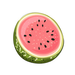 Slice striped and red watermelon with black seeds, sketch style, vector illustration isolated on white background. Realistic hand drawing of cut ripe big berry.