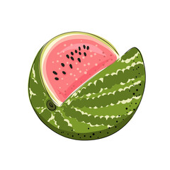 Slice striped and red watermelon with black seeds, sketch style, vector illustration isolated on white background. Realistic hand drawing of cut ripe big berry.