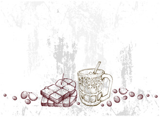 Bitter & Sweet, Illustration Hand Drawn Sketch of Delicious Homemade Freshly Baked Bread or Toast with Iced Coffee.
