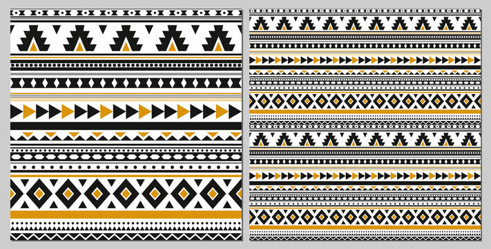 Pattern with geometrical ornaments in black and golden colors. Seamless vector background.