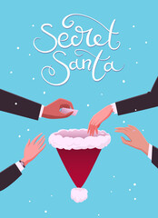 Secret santa in office vector illustration. Office workers pulling out the names of their recipients.
