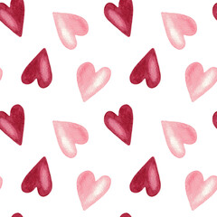 Seamless pattern with dark red and pink hearts on white background, hand painted watercolor illustration