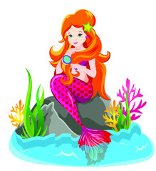 Beautiful mermaid combing her hair vector illustration/marine life