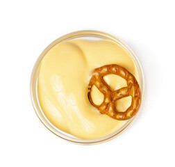 cheese sauce with crisp cracker on white background