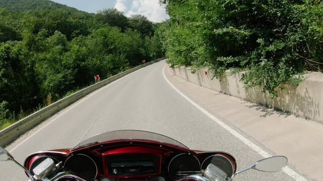 Red Motorcycle Chopper Cruiser POV Driving On Beautiful Mountain Curvy Road In a Sunny Day Nature Landscape Cinematic View