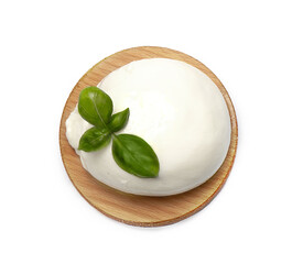 a piece of mozzarella and basil on a white background
