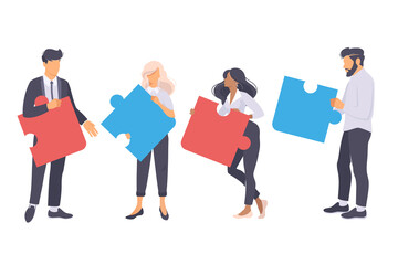 Obraz premium Set of working together successful happy people in office wear. businesswomen and businessman with a puzzle. Business concept. Teamwork. Modern vector illustration flat design on a white background.