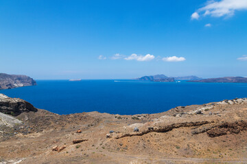 Fototapeta na wymiar Landscape on Santorini island in Greece. The blue sky is in the background.
