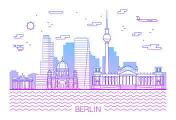 Berlin city, Purple Line Art Vector illustration with all famous buildings. Linear Banner with Showplace. Composition of Modern cityscape. Berlin buildings set. White background and pink line.