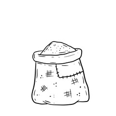 Canvas burlap bag. Cartoon drawn illustration. Rustic element for mill. Packaging for storage of grain and flour. pile of wheat