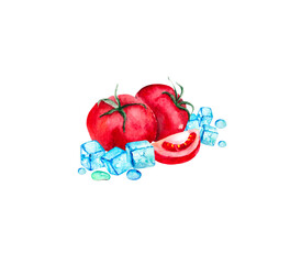 Summer composition of delicious tomatoes with pieces of melting ice isolated on a white background. Delicious illustration of ripe vegetables for advertising and decorations on the theme of food and d