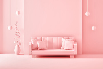 Fototapeta na wymiar Interior with blank wall, sitting sofa and pillows, vase and hanging lamps in pink colors