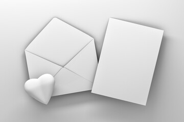 Mockup template with white envelope, letter card and white heart on white background
