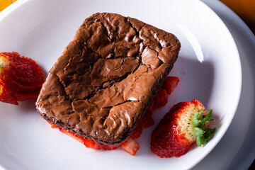 Homemade chocolate brownies with strawberry