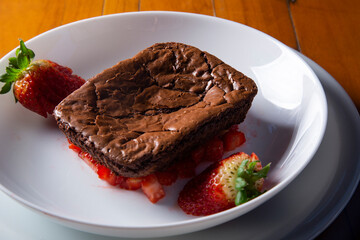 Homemade chocolate brownies with strawberry