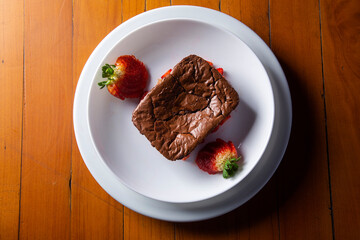 Homemade chocolate brownies with strawberry