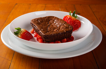 Homemade chocolate brownies with strawberry