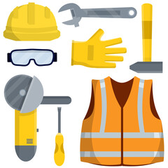 Set of clothes Builder and worker. Orange vest, helmet, glasses, gloves. Grinder and Repair and maintenance. Safety and tools. Cartoon flat illustration