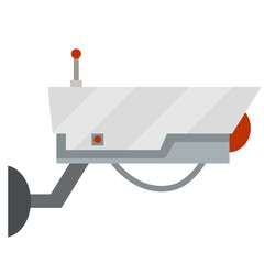 Video surveillance camera. Cartoon flat illustration. Fixation in the wall. White CCTV device with red lens. Security footage set. safety and security