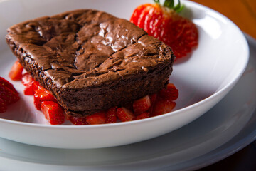 Homemade chocolate brownies with strawberry