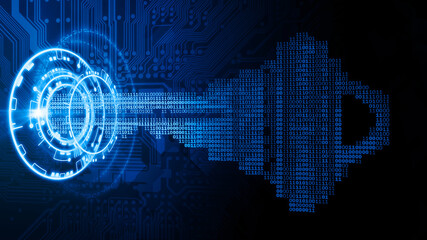 A Cybersecurity Concept Illustration; A Key Formed from Binary Code Ones and Zeros Goes Into an Abstract Lock