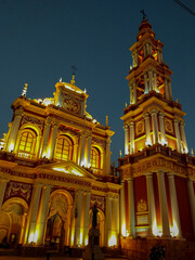 Fototapeta na wymiar San Francisco Church lit up in Salta, Argentina at night