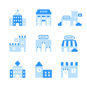 Building flat icons such as school, hospital and shop in the city.
