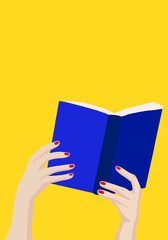 Hands with book yellow background illustration vector