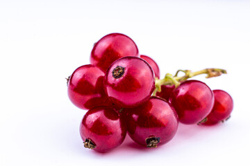 Red currant macro image. Fresh, sweet and ripe currant on white isolated background