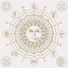 Hand-drawn Sun with magic symbols in retro style on the old paper background. Vector banner with esoteric signs written in a circle