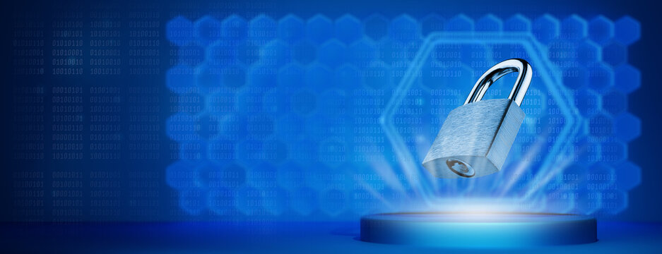 Padlock on a futuristic background. Information Security Concept. Safety concept. Free space for advertising.