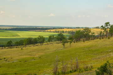Obraz premium View from the hill to the river and agricultural fields to the horizon and blue sky. Russia, Krasnodar Territory.