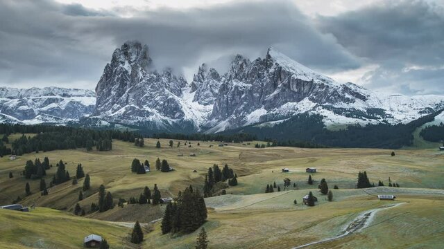 4K, 10BIT, YUV422 timelapse of daylight scene of Seiser Alm,Alpe di Siusi,Sassolungo,Langkofel, with moving clouds, Dolomites, Italy