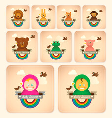 Set of baby shower stickers with comic animals and kids. Vector illustration.