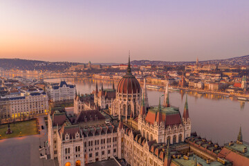 Fototapeta na wymiar Aerial drone shot of Dome of Hungarian Parliament at dawn before sunrise in Budapest morning