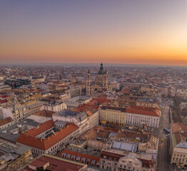 Aerial drone shot of St. Stephen Basilica at Budapest dawn sunrise in morning