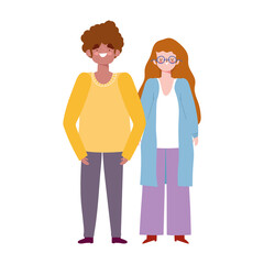 young man and woman together characters cartoon