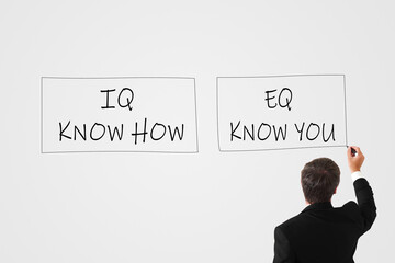 IQ Know How and EQ Know You concept. man writes with a marker on a white wall IQ Know How and EQ...