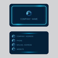 Dark blue business card with neon rectangle, vector illustration.