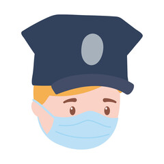 policeman face with medical mask, work essential during covid 19, character worker isolated design icon