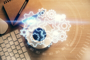 Multi exposure of business theme drawing and work table top veiw. Concept of international finance.
