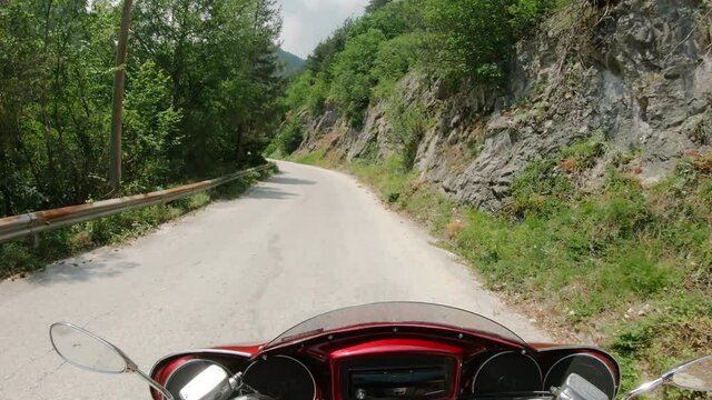 Red Motorcycle Chopper Cruiser POV Driving On Beautiful Mountain Curvy Road In a Sunny Day Nature Landscape Cinematic View