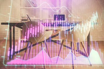 Multi exposure of financial graph drawing and office interior background. Concept of market...
