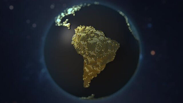 Golden cables form map of South America, telecommunication concept