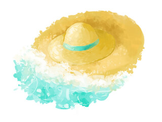 Sea waves run ashore, bubbling and hat covering. Oval isolate summer illustration with elements: wave, foam, beach, panama hat.