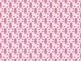 Watercolor pattern. Cute teddy bear ballerina, pointe shoes and roses. Perfect for girl fashion fabric textile, scrap booking, wrapping gift paper.