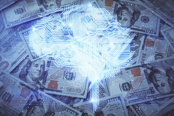 Double exposure of brain drawing over us dollars bill background. Technology concept.